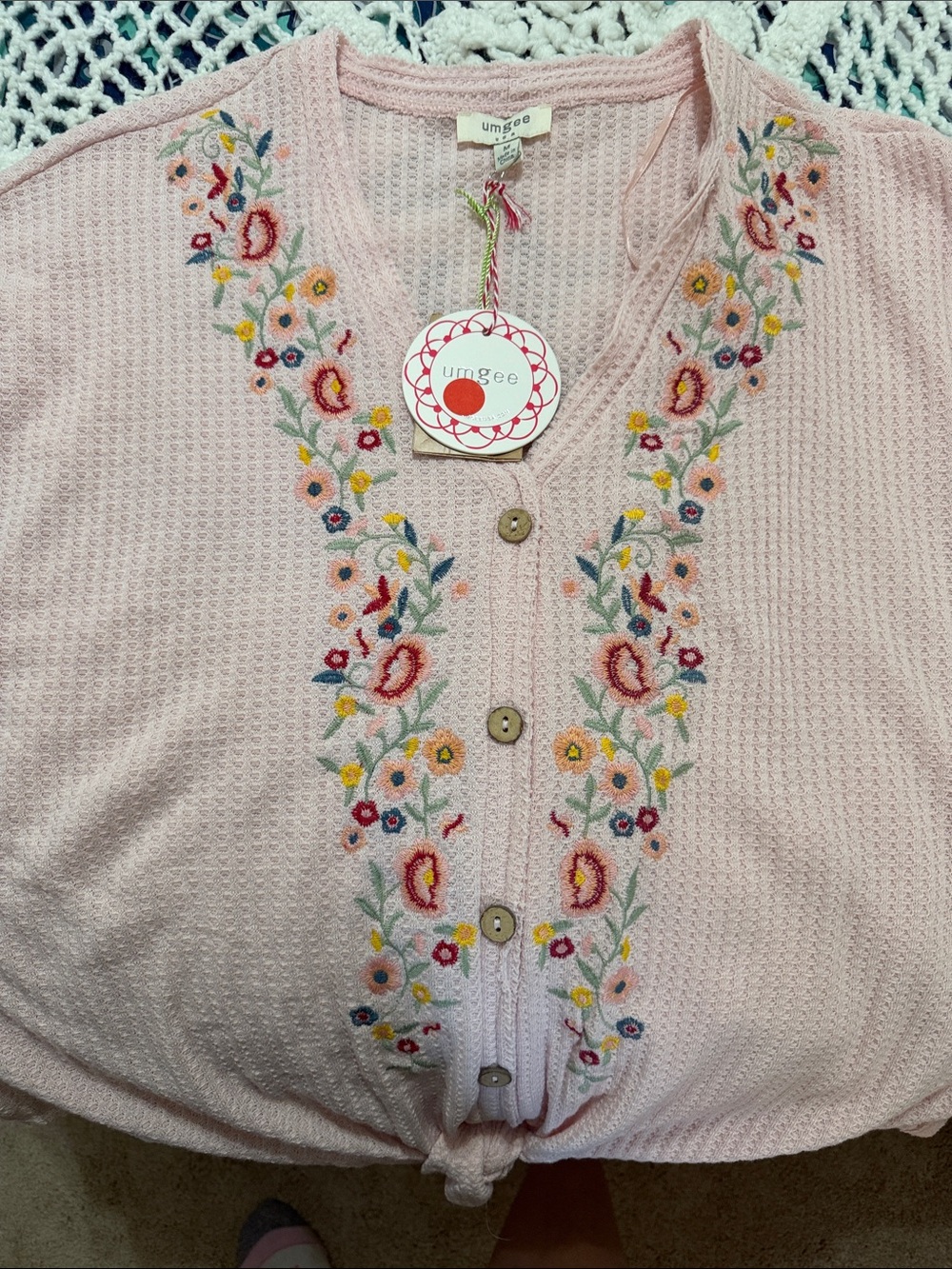 Umgee Pink Embroidered V-Neck Button-Front Cardigan